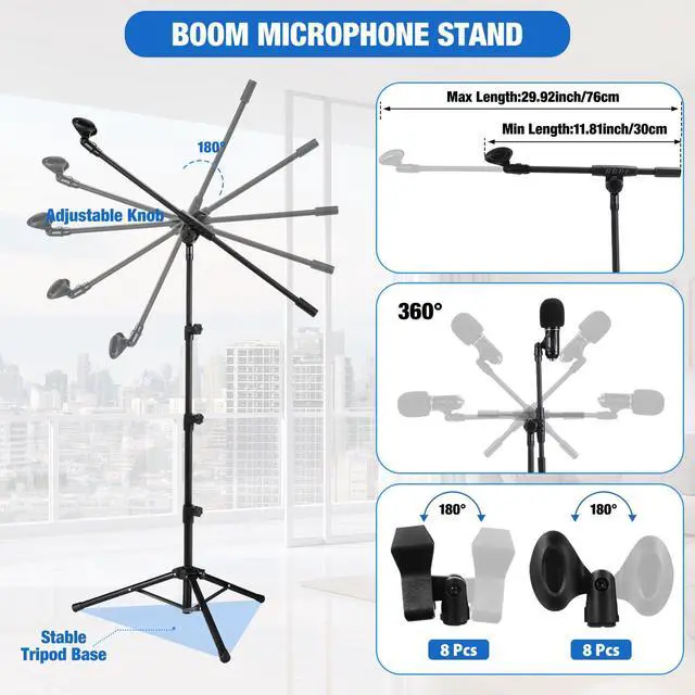 Alt view image 3 of 7 - 8 Pcs Tripod Microphone Stand Boom Arm Floor Mic Stand with Carrying Bag and Mic Clips for Singing Stage Wedding Karaoke Church (Classic Style)