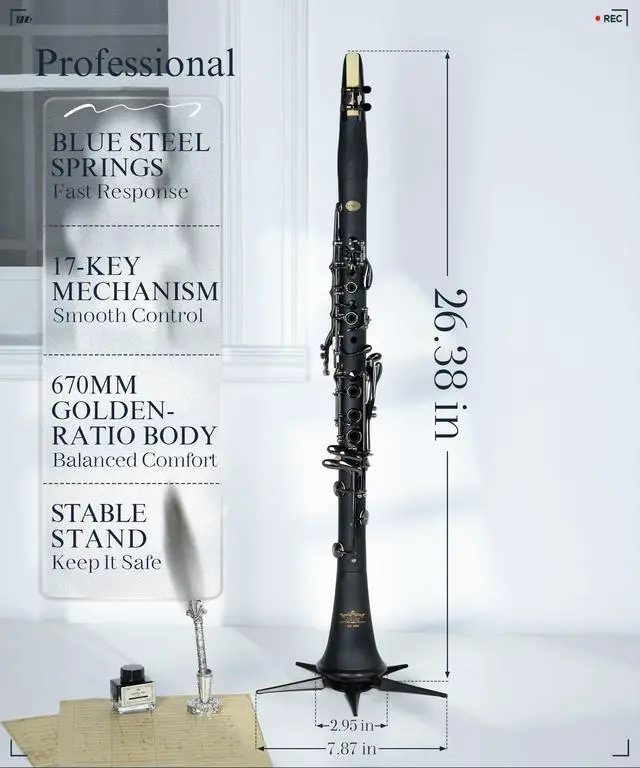 Alt view image 5 of 7 - B Flat Concert Clarinet: Precision Tone Hole Design for Stable Intonation, Durable Black Nickel Keys, Including Leather Hard Case, Barrel, Stand, Full Cleaning Kit (Aria-EN)