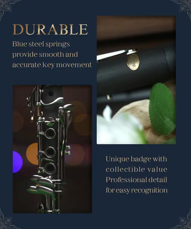 Alt view image 7 of 7 - B Flat Concert Clarinet: Precision Tone Hole Design for Stable Intonation, Durable Black Nickel Keys, Including Leather Hard Case, Barrel, Stand, Full Cleaning Kit (Aria-EN)