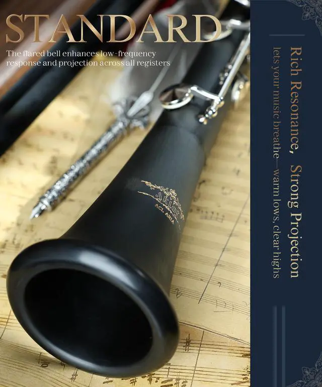 Alt view image 4 of 7 - B Flat Concert Clarinet: Precision Tone Hole Design for Stable Intonation, Durable Nickel-plated Keys, Including Leather Hard Case, Barrel, Stand, Full Cleaning Kit (Aria-PS)