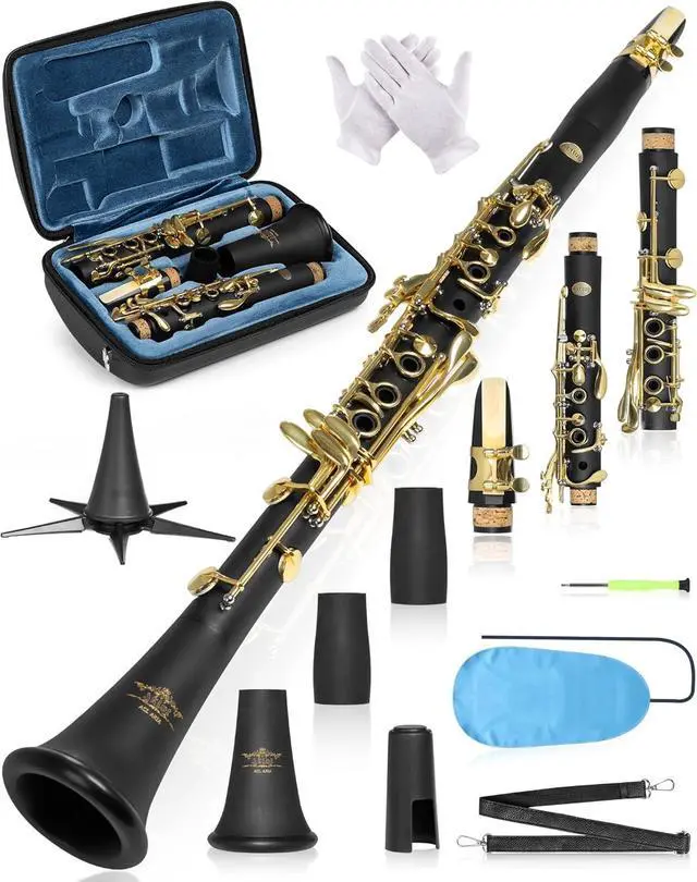 Main image of B Flat Concert Clarinet: Precision Tone Hole Design for Stable Intonation, Durable Gold-Plated Keys, Including Leather Hard Case, Barrel, Stand, Full Cleaning Kit (Aria-AG)