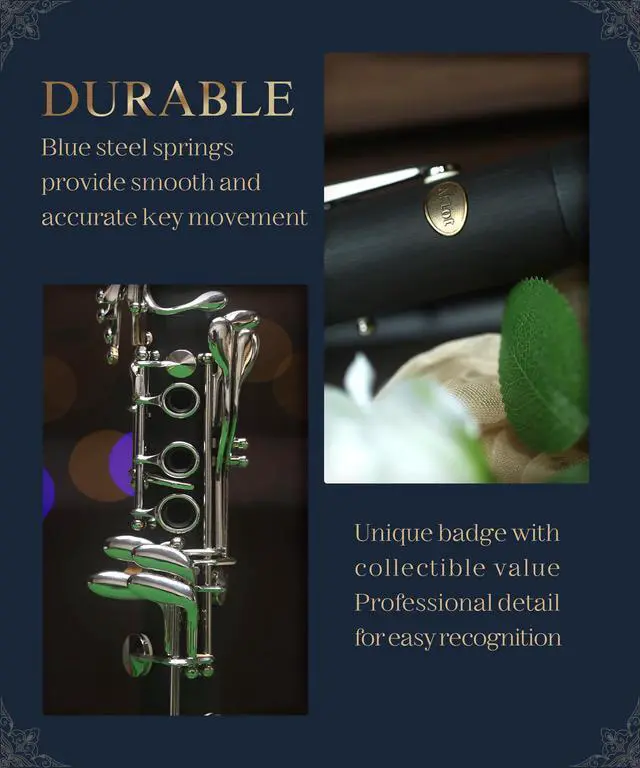 Alt view image 7 of 7 - B Flat Concert Clarinet: Precision Tone Hole Design for Stable Intonation, Durable Nickel-plated Keys, Including Leather Hard Case, Barrel, Stand, Full Cleaning Kit (Aria-PS)