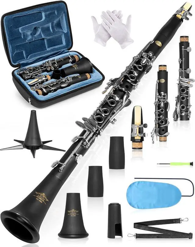 Main image of B Flat Concert Clarinet: Precision Tone Hole Design for Stable Intonation, Durable Nickel-plated Keys, Including Leather Hard Case, Barrel, Stand, Full Cleaning Kit (Aria-PS)