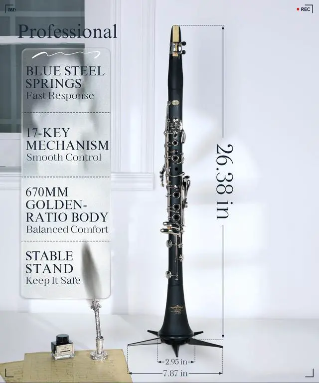 Alt view image 5 of 7 - B Flat Concert Clarinet: Precision Tone Hole Design for Stable Intonation, Durable Nickel-plated Keys, Including Leather Hard Case, Barrel, Stand, Full Cleaning Kit (Aria-PS)