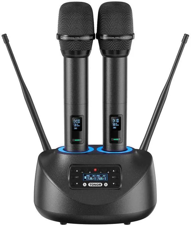 Main image of Bluetooth Wireless Microphones, Rechargeable UHF Cordless Microphone System for Home Party, Metal Dual Handheld 260ft for Home Karaoke, Church, Party,TW-790, Black