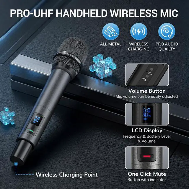 Alt view image 3 of 7 - Bluetooth Wireless Microphones, Rechargeable UHF Cordless Microphone System for Home Party, Metal Dual Handheld 260ft for Home Karaoke, Church, Party,TW-790, Black