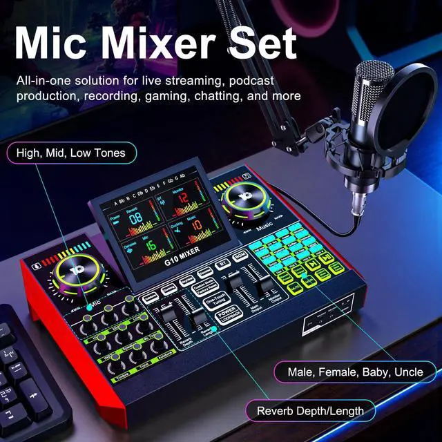 Alt view image 2 of 7 - Podcast Equipment Bundle with 3.5mm P15 Condenser Microphone for Pc/Phone Live Streaming Singing Gaming, Podcast Microphone Bundle with Live Sound Board Audio Mixer,Voice Changer, Denoise,DJ Sets