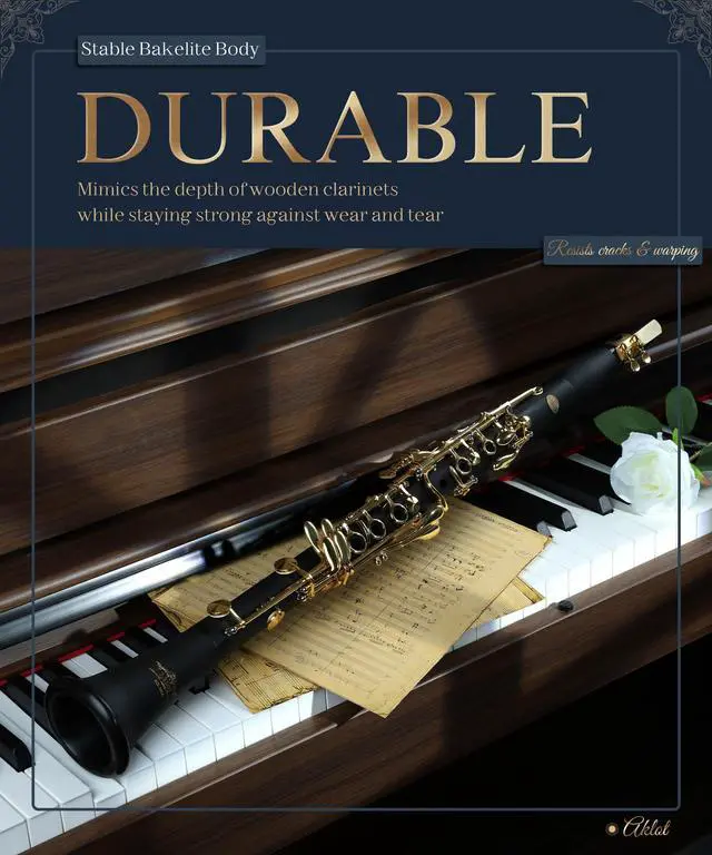 Alt view image 2 of 7 - B Flat Concert Clarinet: Precision Tone Hole Design for Stable Intonation, Durable Gold-Plated Keys, Including Leather Hard Case, Barrel, Stand, Full Cleaning Kit (Aria-AG)