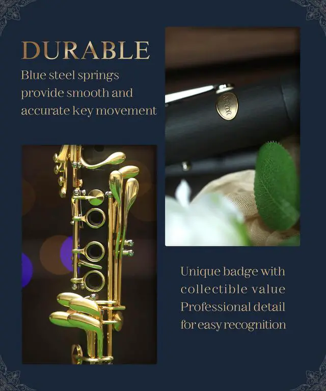 Alt view image 7 of 7 - B Flat Concert Clarinet: Precision Tone Hole Design for Stable Intonation, Durable Gold-Plated Keys, Including Leather Hard Case, Barrel, Stand, Full Cleaning Kit (Aria-AG)