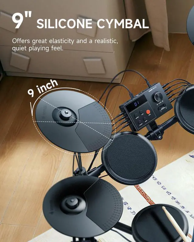 Alt view image 4 of 7 - DED-70SE Electronic Drum Set for Kids, Electric Drum Kit with 150 Sounds, 4 Quiet Silicone Pads, 9" Cymbals, USB MIDI, Type-C Charging Port, Throne, Headphones, Sticks, Melodics Lessons, Black