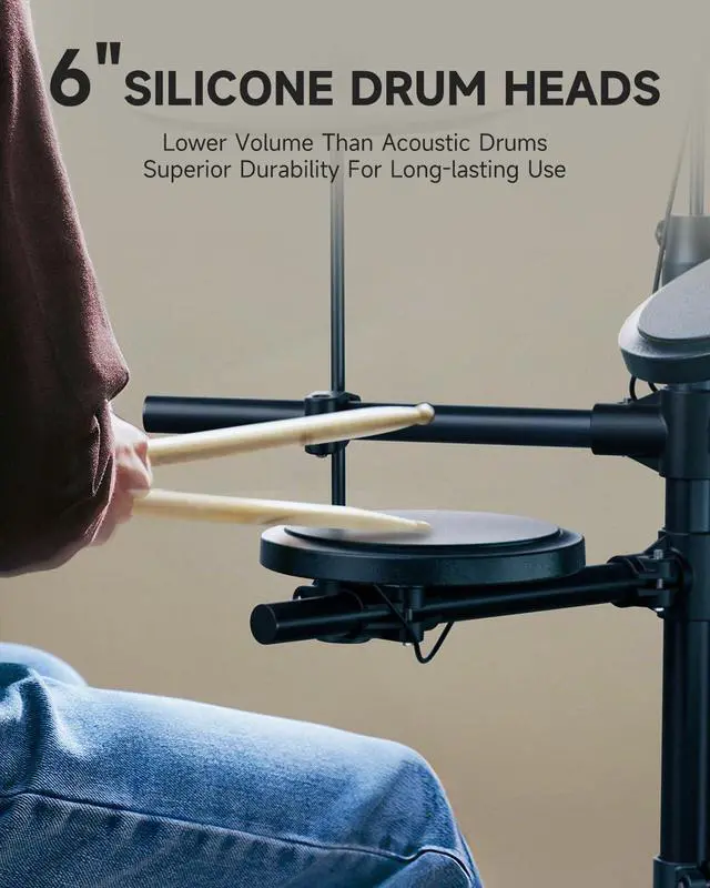 Alt view image 3 of 7 - DED-70SE Electronic Drum Set for Kids, Electric Drum Kit with 150 Sounds, 4 Quiet Silicone Pads, 9" Cymbals, USB MIDI, Type-C Charging Port, Throne, Headphones, Sticks, Melodics Lessons, Black