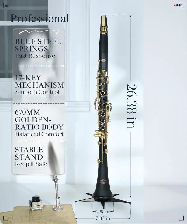 Alt view image 5 of 7 - B Flat Concert Clarinet: Precision Tone Hole Design for Stable Intonation, Durable Gold-Plated Keys, Including Leather Hard Case, Barrel, Stand, Full Cleaning Kit (Aria-AG)