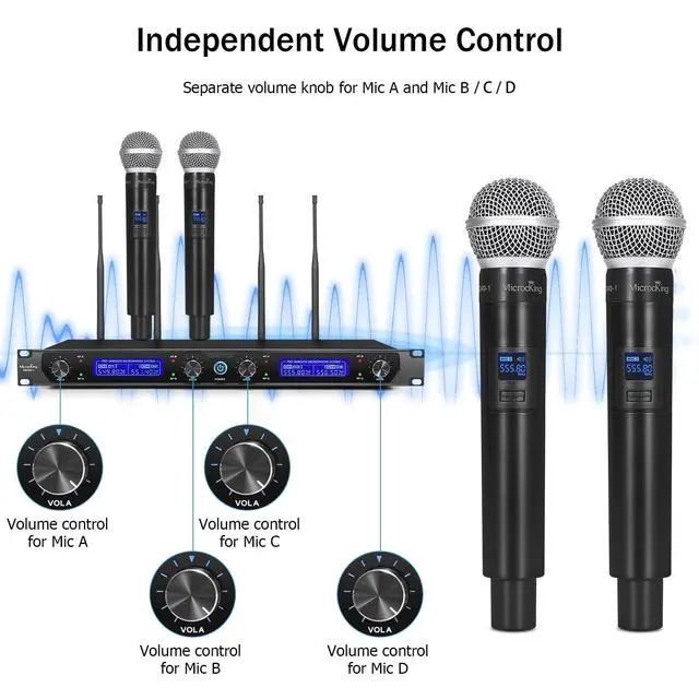 Alt view image 3 of 7 - 4-Channel UHF Wireless Microphone System, 4 Mics, 400ft Range | Ideal for church, conference, wedding, karaoke & speech. 4 professional dynamic handheld mics, 400ft range