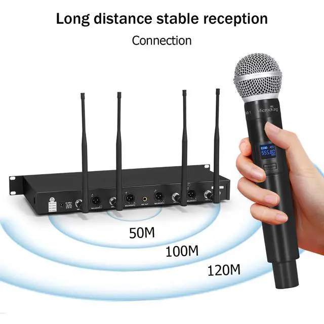Alt view image 5 of 7 - 4-Channel UHF Wireless Microphone System, 4 Mics, 400ft Range | Ideal for church, conference, wedding, karaoke & speech. 4 professional dynamic handheld mics, 400ft range