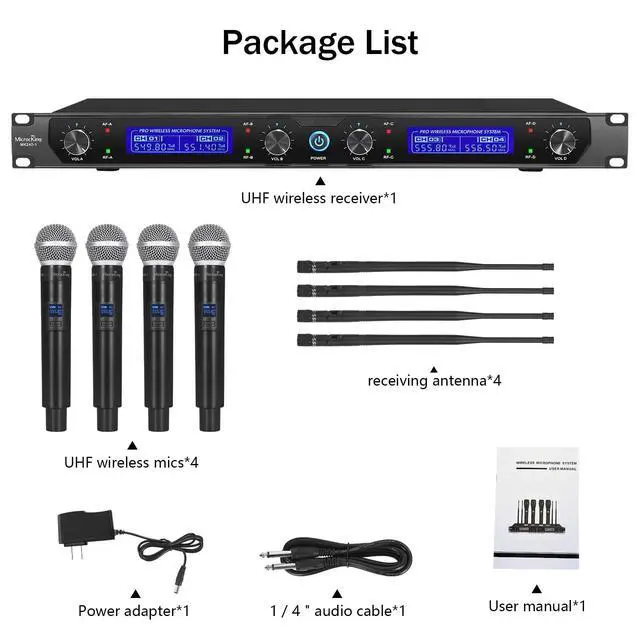 Alt view image 7 of 7 - 4-Channel UHF Wireless Microphone System, 4 Mics, 400ft Range | Ideal for church, conference, wedding, karaoke & speech. 4 professional dynamic handheld mics, 400ft range