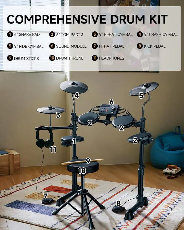 Alt view image 5 of 7 - DED-70SE Electronic Drum Set for Kids, Electric Drum Kit with 150 Sounds, 4 Quiet Silicone Pads, 9" Cymbals, USB MIDI, Type-C Charging Port, Throne, Headphones, Sticks, Melodics Lessons, Black