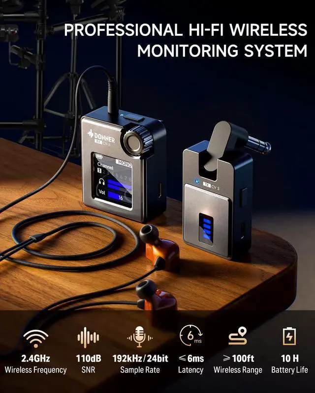 Alt view image 2 of 7 - Wireless in Ear Monitor System, Stereo IEM System with Transmitter, Beltpack Color Screen Receiver, 2.4G IEM Wireless for Band Rehearsal, Live Performance, Studio, CV-3