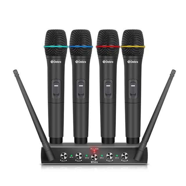 Alt view image 4 of 7 - Debra Audio Pro UHF 4 Channel Wireless Microphone System with Cordless Handheld Lavalier Headset Mics, Metal Receiver, Ideal for Karaoke Church Party(with 4 Handheld (B))