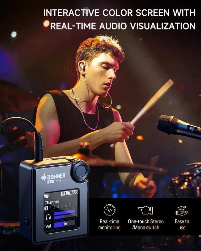 Alt view image 4 of 7 - Wireless in Ear Monitor System, Stereo IEM System with Transmitter, Beltpack Color Screen Receiver, 2.4G IEM Wireless for Band Rehearsal, Live Performance, Studio, CV-3