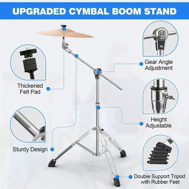 Alt view image 3 of 7 - 2 Pack Boom Cymbal Stand, Adjustable Cymbal Stand Boom Stand for Drum Hardware Percussion Mount Holder Gear Set Drum Hardware Set, Double Braced Legs with Rubber Feet Ride and Crash Cymbal Stands