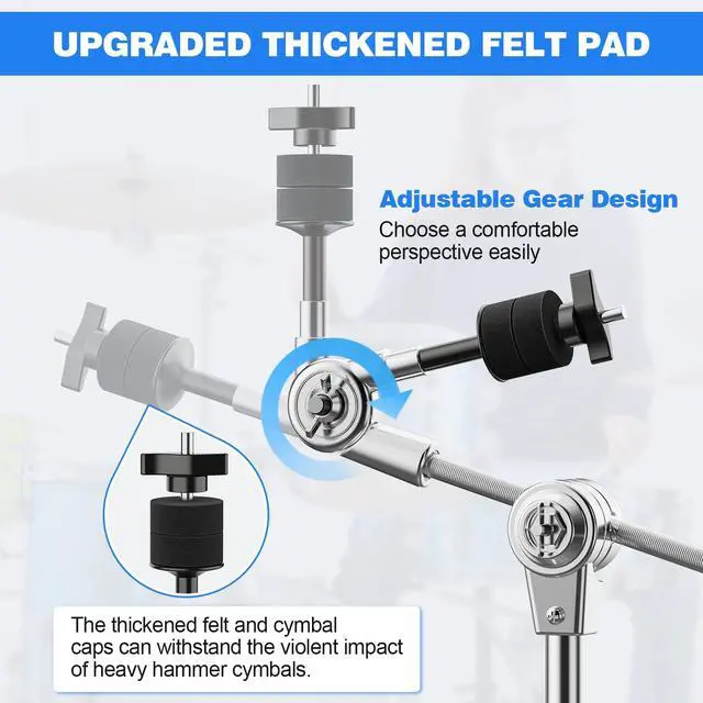 Alt view image 4 of 7 - 2 Pack Boom Cymbal Stand, Adjustable Cymbal Stand Boom Stand for Drum Hardware Percussion Mount Holder Gear Set Drum Hardware Set, Double Braced Legs with Rubber Feet Ride and Crash Cymbal Stands