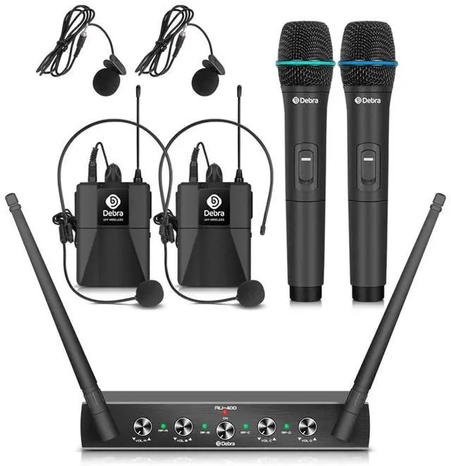 Main image of Debra Audio Pro UHF 4 Channel Wireless Microphone System with Cordless Handheld Lavalier Headset Mics, Metal Receiver, Ideal for Karaoke Church Party (with 2 Handheld & 2 Bodypack (A))
