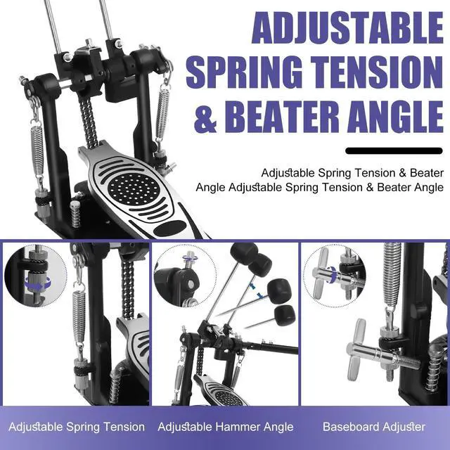 Alt view image 3 of 7 - Double Bass Drum Pedal, Heavy Duty Double Chain Drive Kick Pedal | Adjustable Beater & Spring Tension with Non-Slip Base Plate Compatible with Acoustic & Electronic Drum Kits for Rock Jazz