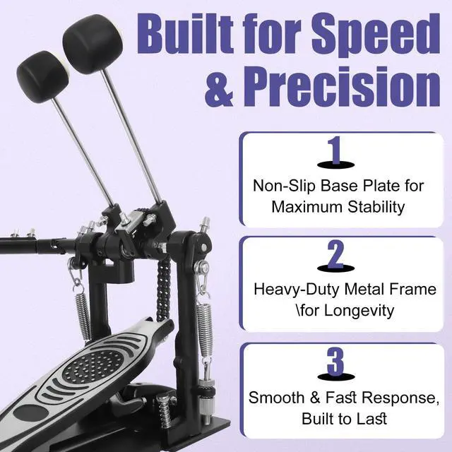 Alt view image 6 of 7 - Double Bass Drum Pedal, Heavy Duty Double Chain Drive Kick Pedal | Adjustable Beater & Spring Tension with Non-Slip Base Plate Compatible with Acoustic & Electronic Drum Kits for Rock Jazz