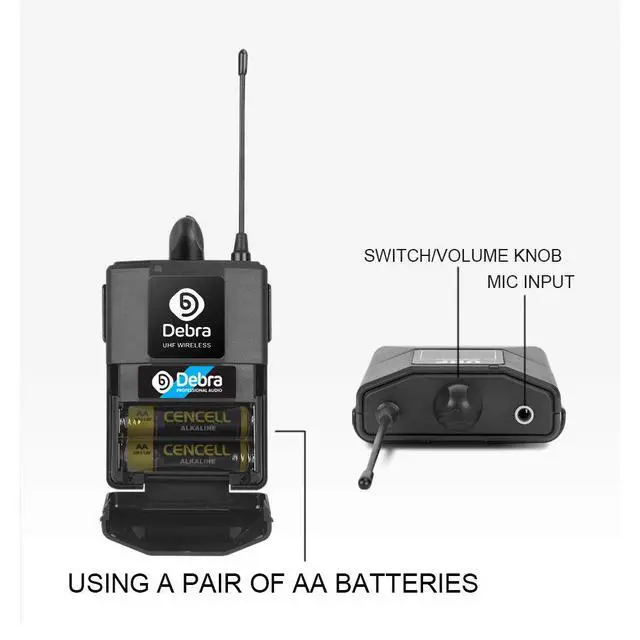 Alt view image 7 of 7 - Debra Audio Pro UHF 4 Channel Wireless Microphone System with Cordless Handheld Lavalier Headset Mics, Metal Receiver, Ideal for Karaoke Church Party (with 2 Handheld & 2 Bodypack (A))