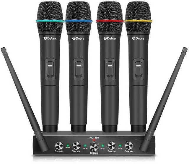 Main image of Debra Audio Pro UHF 4 Channel Wireless Microphone System with Cordless Handheld Lavalier Headset Mics, Metal Receiver, Ideal for Karaoke Church Party (with 4 Handheld (A))