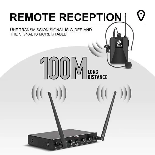 Alt view image 2 of 6 - Debra Audio Pro UHF 4 Channel Wireless Microphone System with Cordless Handheld Lavalier Headset Mics, Metal Receiver, Ideal for Karaoke Church Party (with 4 Bodypack (A))
