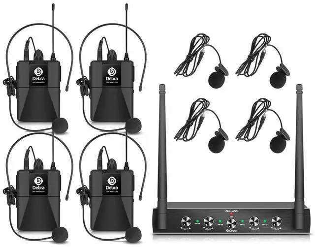 Main image of Debra Audio Pro UHF 4 Channel Wireless Microphone System with Cordless Handheld Lavalier Headset Mics, Metal Receiver, Ideal for Karaoke Church Party (with 4 Bodypack (A))