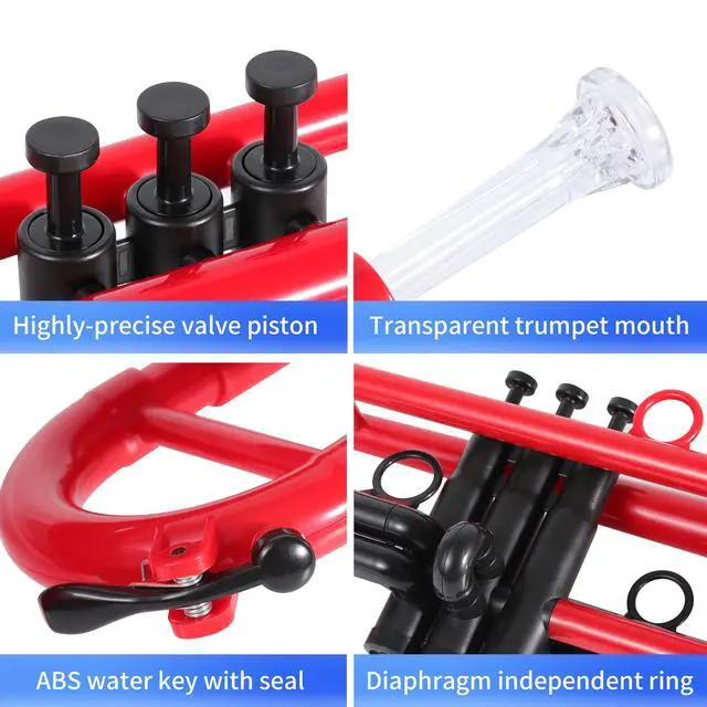 Alt view image 6 of 7 - Professional Plastic Bb Trumpet Standard Trumpet Set for Student Beginner With 7C Mouthpiece and 3C Mouthpiece, Bb Trumpet Instrument, Red