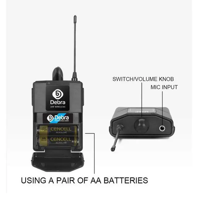 Alt view image 6 of 6 - Debra Audio Pro UHF 4 Channel Wireless Microphone System with Cordless Handheld Lavalier Headset Mics, Metal Receiver, Ideal for Karaoke Church Party (with 4 Bodypack (A))