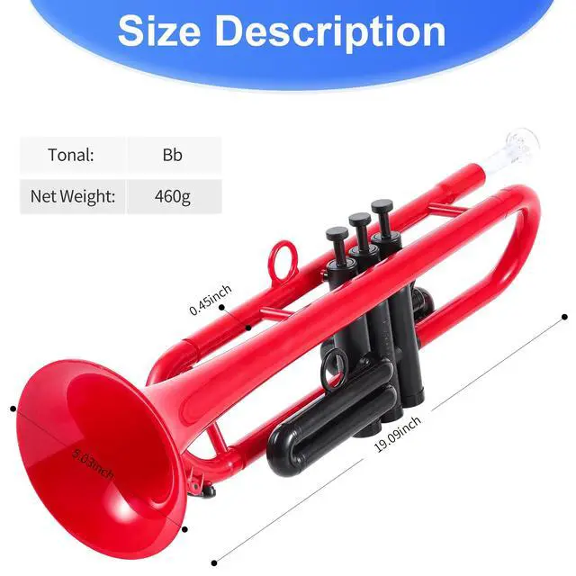 Alt view image 7 of 7 - Professional Plastic Bb Trumpet Standard Trumpet Set for Student Beginner With 7C Mouthpiece and 3C Mouthpiece, Bb Trumpet Instrument, Red