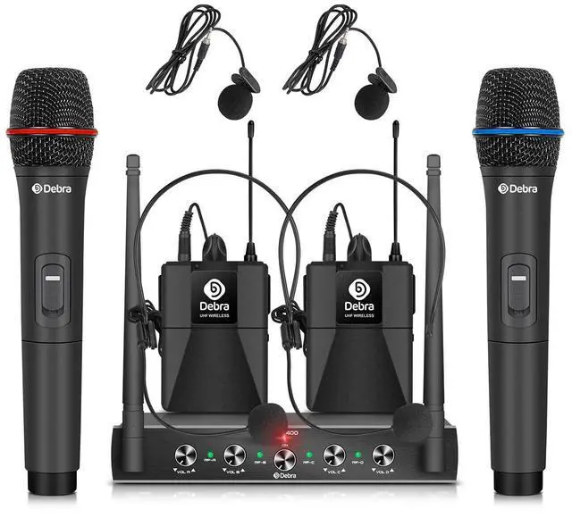 Main image of Debra Audio Pro UHF 4 Channel Wireless Microphone System with Cordless Handheld Lavalier Headset Mics, Metal Receiver, Ideal for Karaoke Church Party (with 2 Handheld & 2 Bodypack (B))
