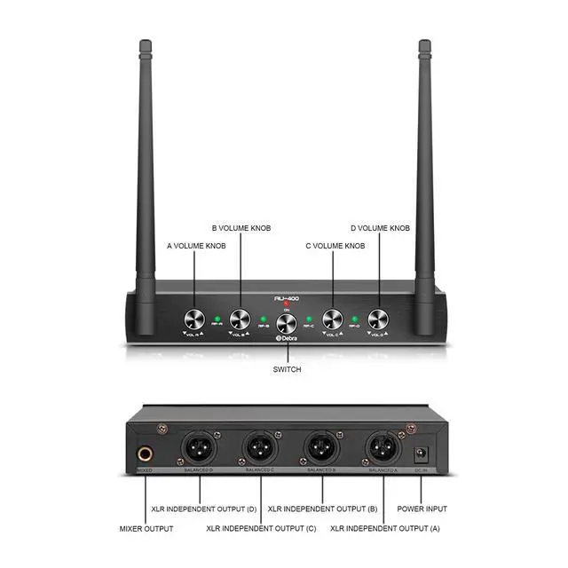 Alt view image 2 of 7 - Debra Audio Pro UHF 4 Channel Wireless Microphone System with Cordless Handheld Lavalier Headset Mics, Metal Receiver, Ideal for Karaoke Church Party (with 2 Handheld & 2 Bodypack (B))