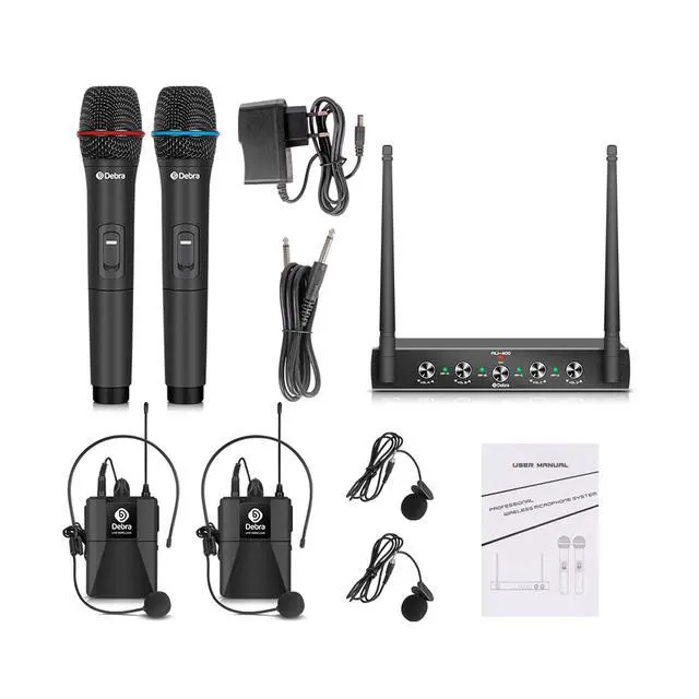 Alt view image 6 of 7 - Debra Audio Pro UHF 4 Channel Wireless Microphone System with Cordless Handheld Lavalier Headset Mics, Metal Receiver, Ideal for Karaoke Church Party (with 2 Handheld & 2 Bodypack (B))