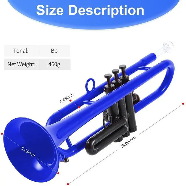 Alt view image 7 of 7 - Professional Plastic Bb Trumpet Standard Trumpet Set for Student Beginner With 7C Mouthpiece and 3C Mouthpiece,Bb Trumpet Instrument, Blue