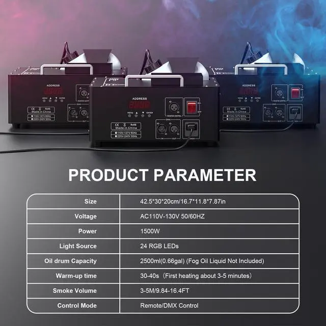 Alt view image 5 of 7 - 1500W Fog Machine with Lights 24 RGB LED Stage Smoke Machine Vertical Halloween Smoke Machine DMX/Wireless/Manual Control 2.5 Liters with 20000 CFM for Wedding Christmas Party Outdoor Indoor