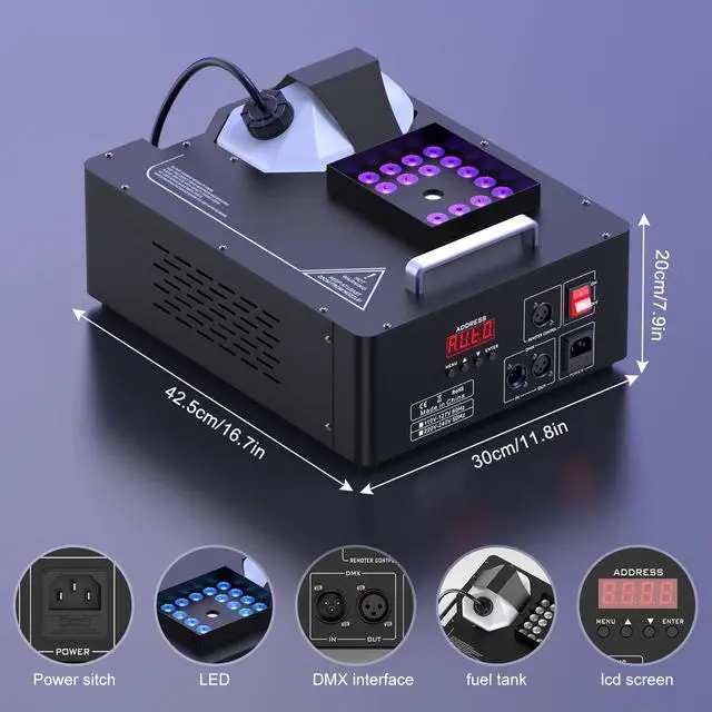 Alt view image 6 of 7 - 1500W Fog Machine with Lights 24 RGB LED Stage Smoke Machine Vertical Halloween Smoke Machine DMX/Wireless/Manual Control 2.5 Liters with 20000 CFM for Wedding Christmas Party Outdoor Indoor