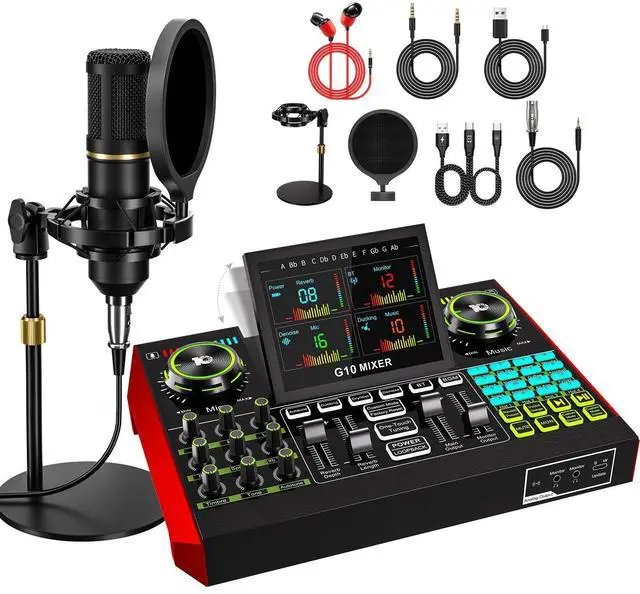 Main image of Podcast Microphone Bundle with Live Sound Card Audio Mixer, Podcast Equipment Bundle with 3.5mm BM800 Microphone for Pc/Youtube Live Streaming Singing Gaming, Sound Board with Voice Changer, Denoise