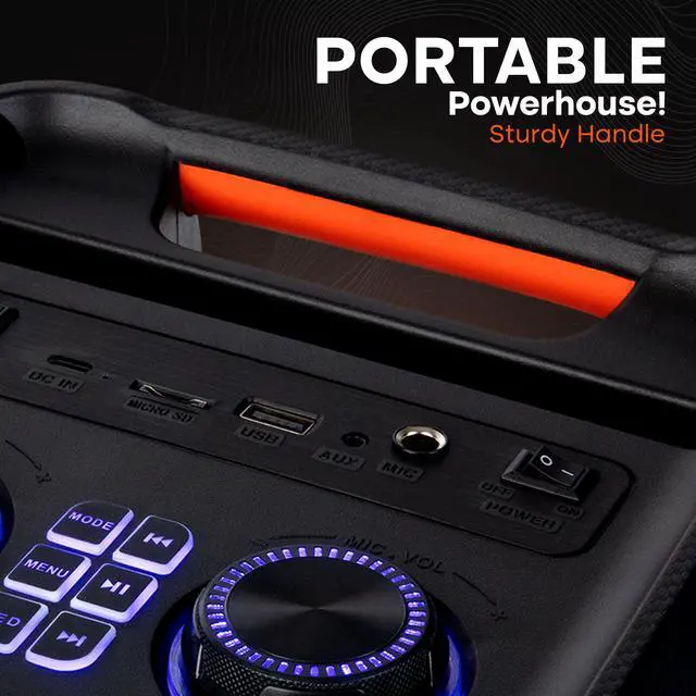 Alt view image 5 of 7 - 100W Bluetooth Karaoke PA Speaker with 8 Inch Woofer, Echo Bass and Treble Control, USB SD Card FM Radio, Mic Input, LED Lights for Home Events and DJ Use