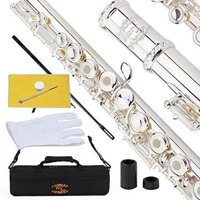 Main image of Silver Plated Intermediate 17keys, Open/closed Hole C Flute with B Foot Joint,Offset G, with Case,cleaning Rod, Joint Grease, Cloth and Gloves