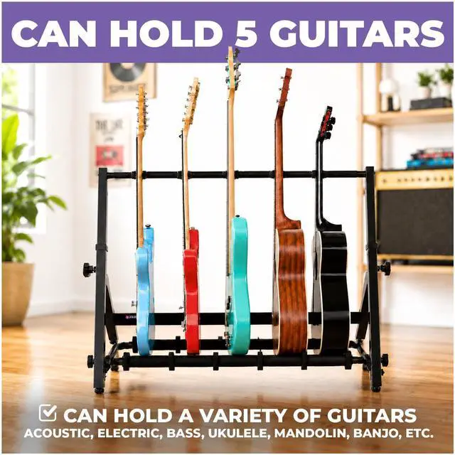 Alt view image 3 of 7 - Multi Guitar Rack Stand for Acoustic, Bass, Ukuleles and Electric Guitars - 5-7 Adjustable Folding Guitar Rack Holder for Multiple Guitars with Heavy Duty Floor Stand