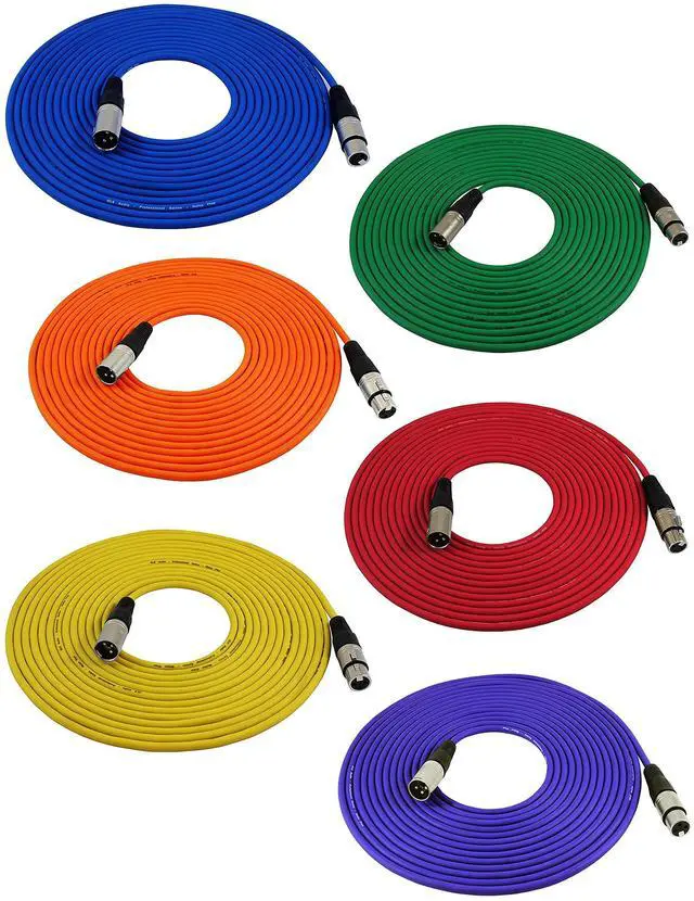 Main image of 25 Ft Mic Cable Cords - XLR Male to XLR Female Colored Cables - 25' Balanced Mike Cord - Pack of 6