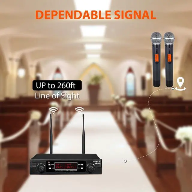 Alt view image 2 of 7 - 200-Channel Wireless Microphones System, Dual UHF Metal Cordless Mic Set, Auto Scan, Long Range 200-240Ft,16 Hours Use for Karaoke Singing, Church, 2022 Version(WM333)