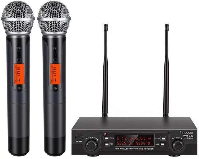 Main image of 200-Channel Wireless Microphones System, Dual UHF Metal Cordless Mic Set, Auto Scan, Long Range 200-240Ft,16 Hours Use for Karaoke Singing, Church, 2022 Version(WM333)