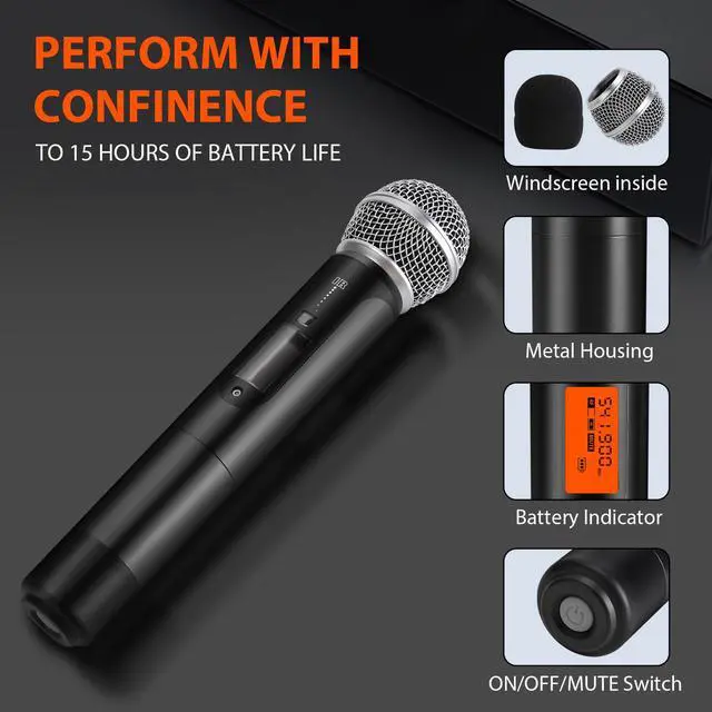 Alt view image 4 of 7 - 200-Channel Wireless Microphones System, Dual UHF Metal Cordless Mic Set, Auto Scan, Long Range 200-240Ft,16 Hours Use for Karaoke Singing, Church, 2022 Version(WM333)