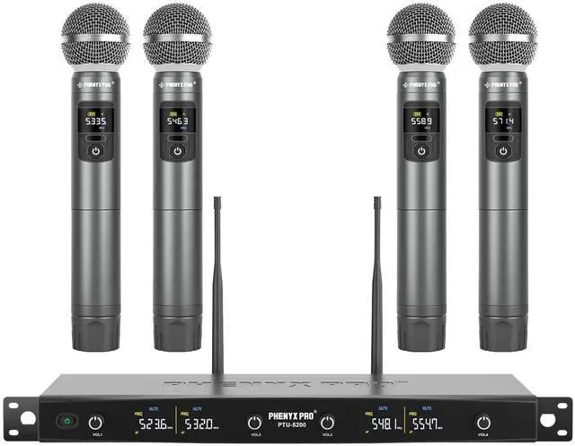 Main image of 4-Ch UHF Metal Dynamic Wireless Microphone System PTU-5200-4H | 4 Cordless Handheld Mics, 4 x 25 Frequencies, 200 ft Range, Singing, Karaoke, Church Services, DJ Sets